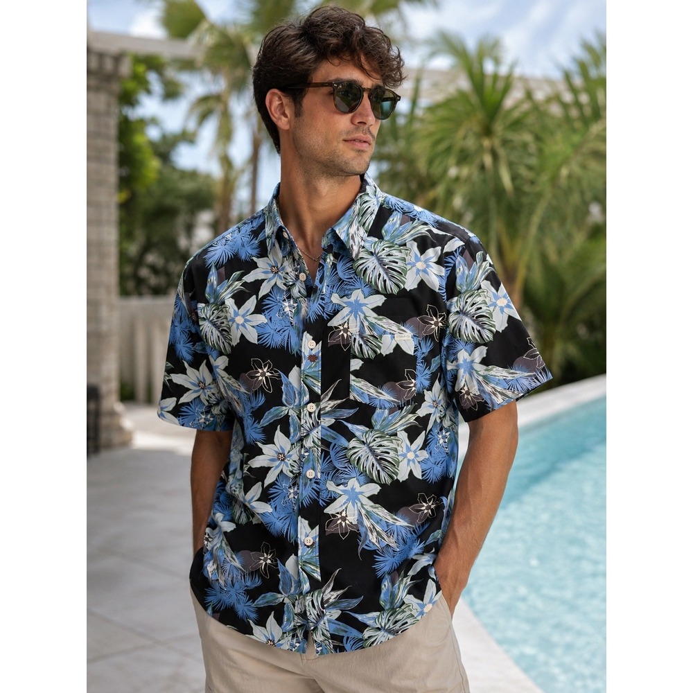Laguna Mens Tropical Floral Button Down Shirt Black Blue Short Sleeve Large